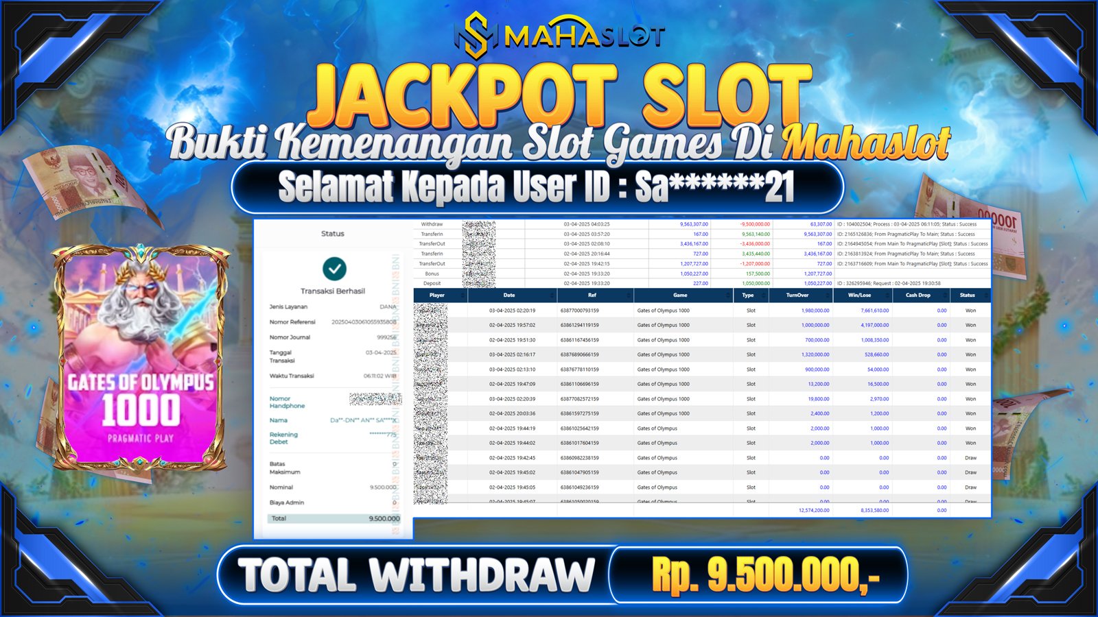 MAHASLOT JACKPOT SLOT GAMES GATES OF OLYMPUS 1000 Rp. 9.500.000,- LUNAS