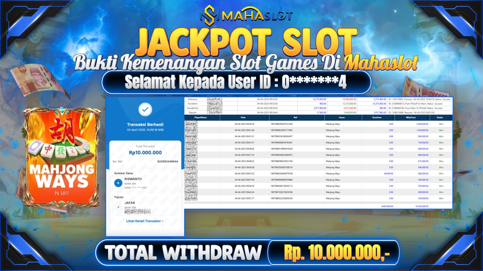 MAHASLOT JACKPOT SLOT GAMES MAHJONG WAYS 1000 Rp. 10.000.000,- LUNAS