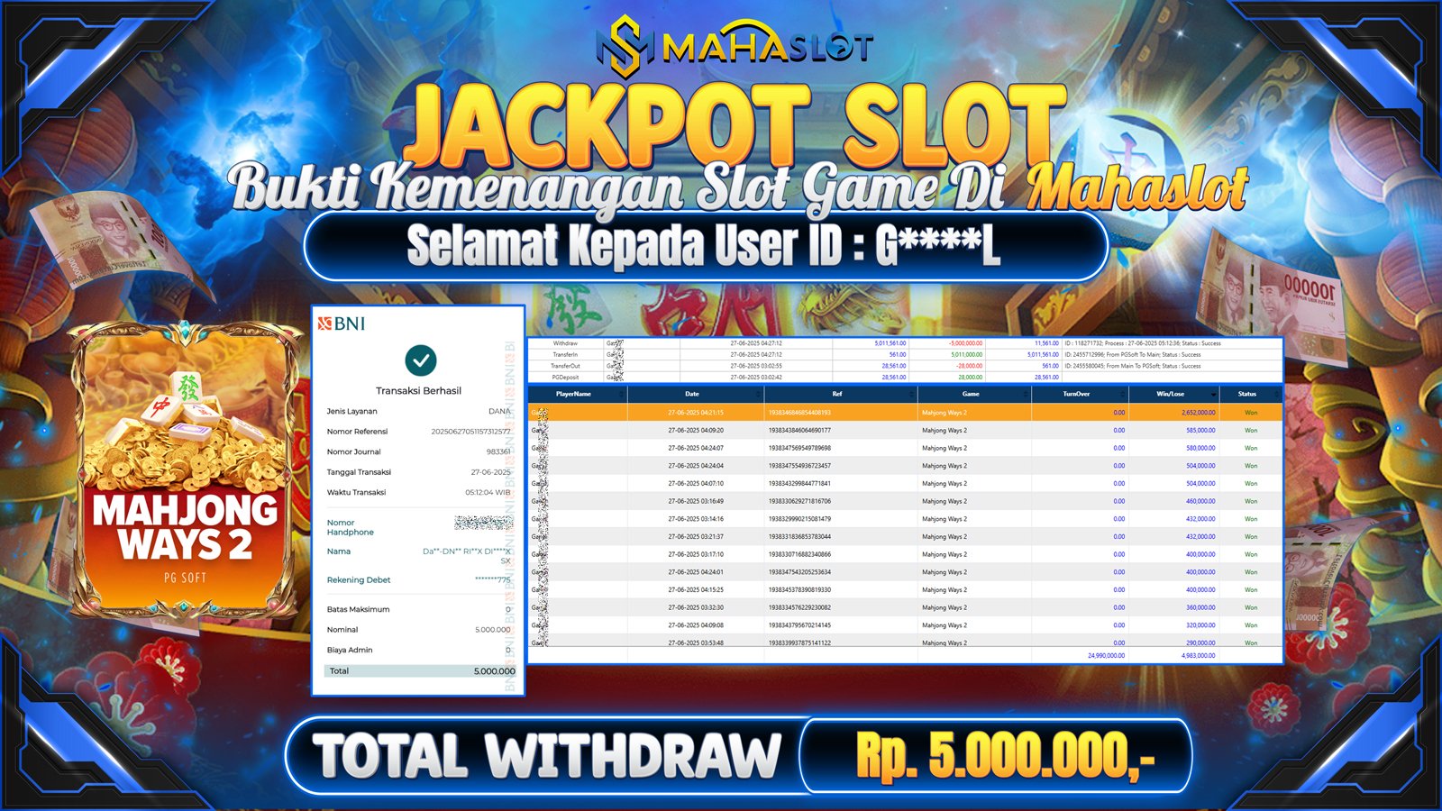 MAHASLOT JACKPOT SLOT GAME MAHJONG WAYS 2 Rp. 5.000.000,- LUNAS
