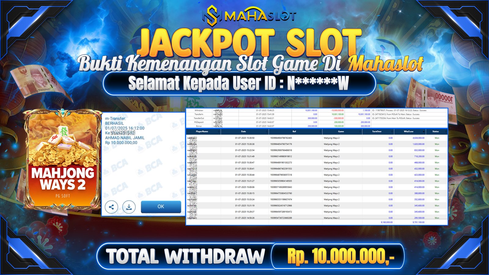 MAHASLOT JACKPOT SLOT GAME MAHJONG WAYS 2 Rp. 10.000.000,- LUNAS