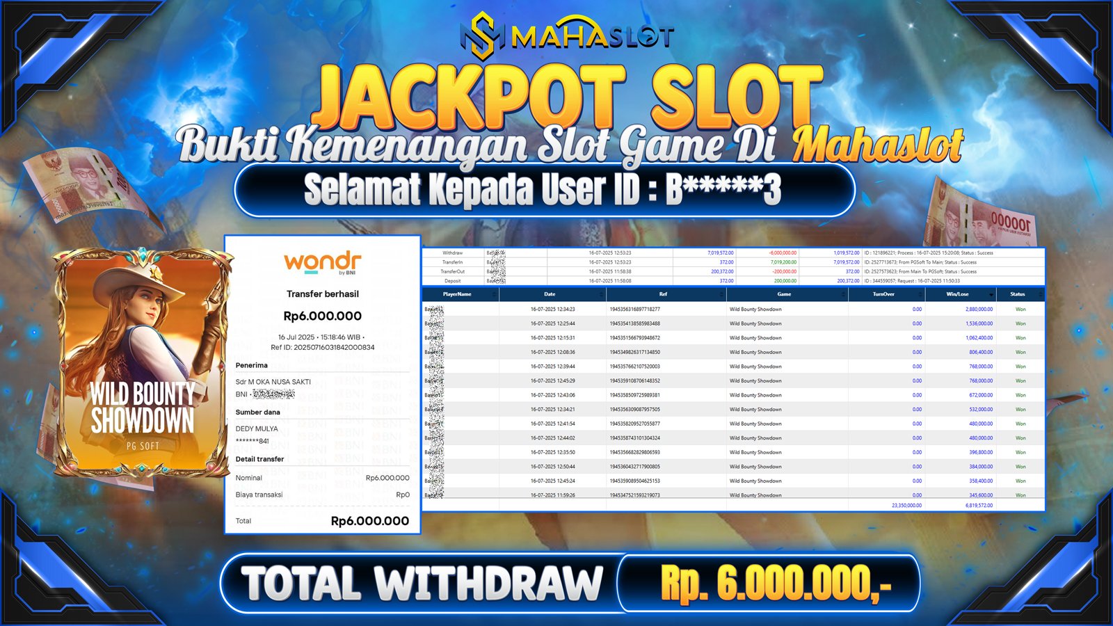 MAHASLOT JACKPOT SLOT GAME WILD BOUNTY SHOWDOWN Rp. 6.000.000,- LUNAS