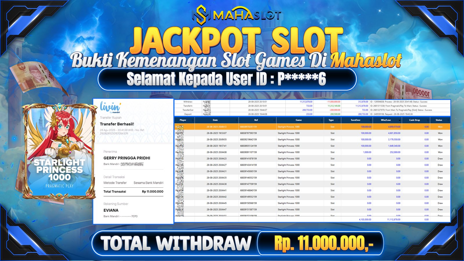 MAHASLOT JACKPOT SLOT GAME STARLIGHT PRINCESS 1000 Rp. 11.000.000,- LUNAS