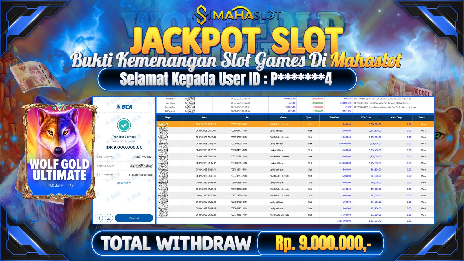 MAHASLOT JACKPOT SLOT GAME WOLF GOLD ULTIMATE Rp. 9.000.000,- LUNAS