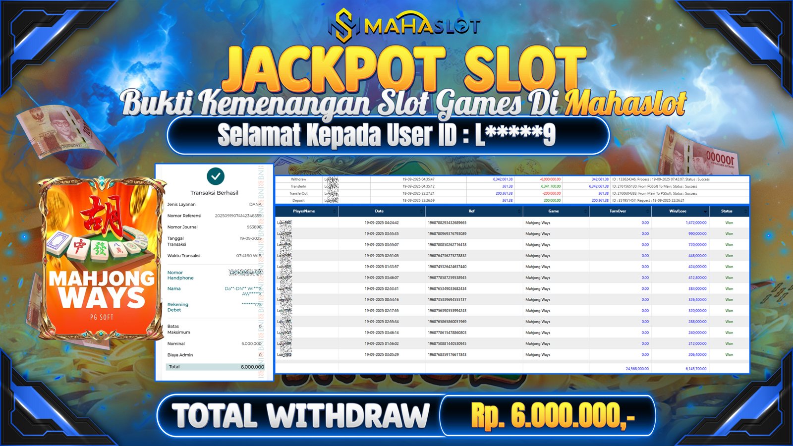 MAHASLOT JACKPOT SLOT GAME MAHJONG WAYS Rp. 6.000.000,- LUNAS