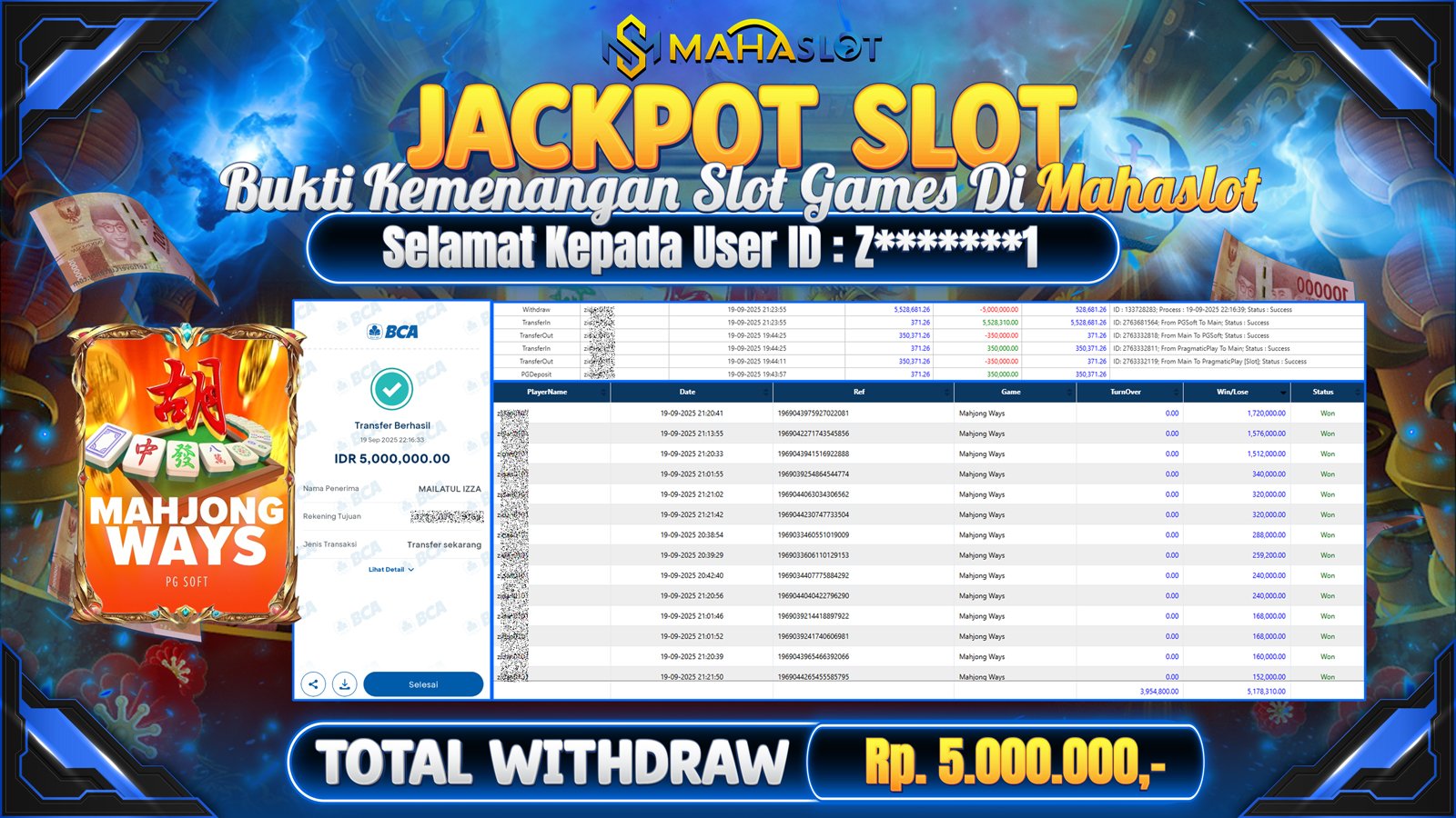 MAHASLOT JACKPOT SLOT GAME MAHJONG WAYS Rp. 5.000.000,- LUNAS