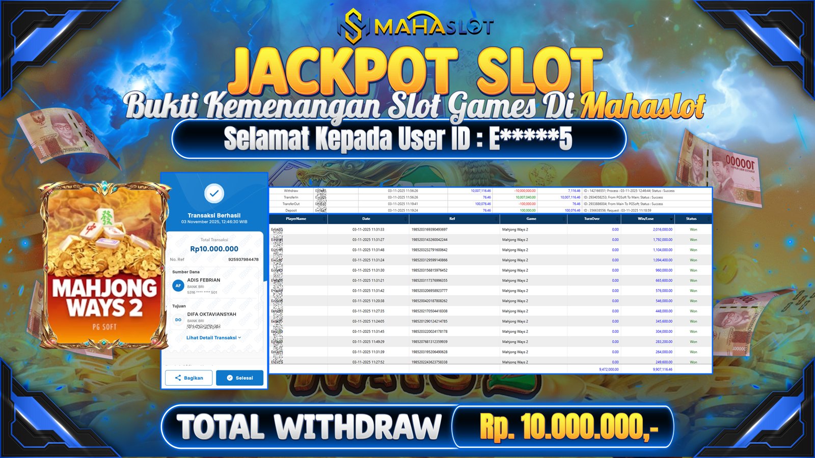 MAHASLOT JACKPOT SLOT GAME MAHJONG WAYS 2 Rp. 10.000.000,- LUNAS