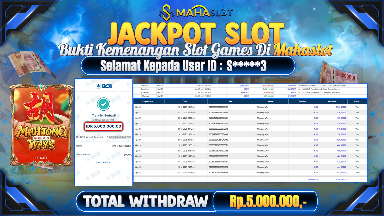 MAHASLOT JACKPOT SLOT GAME WAHJONG WAYS  Rp. 5.000.000,- LUNAS