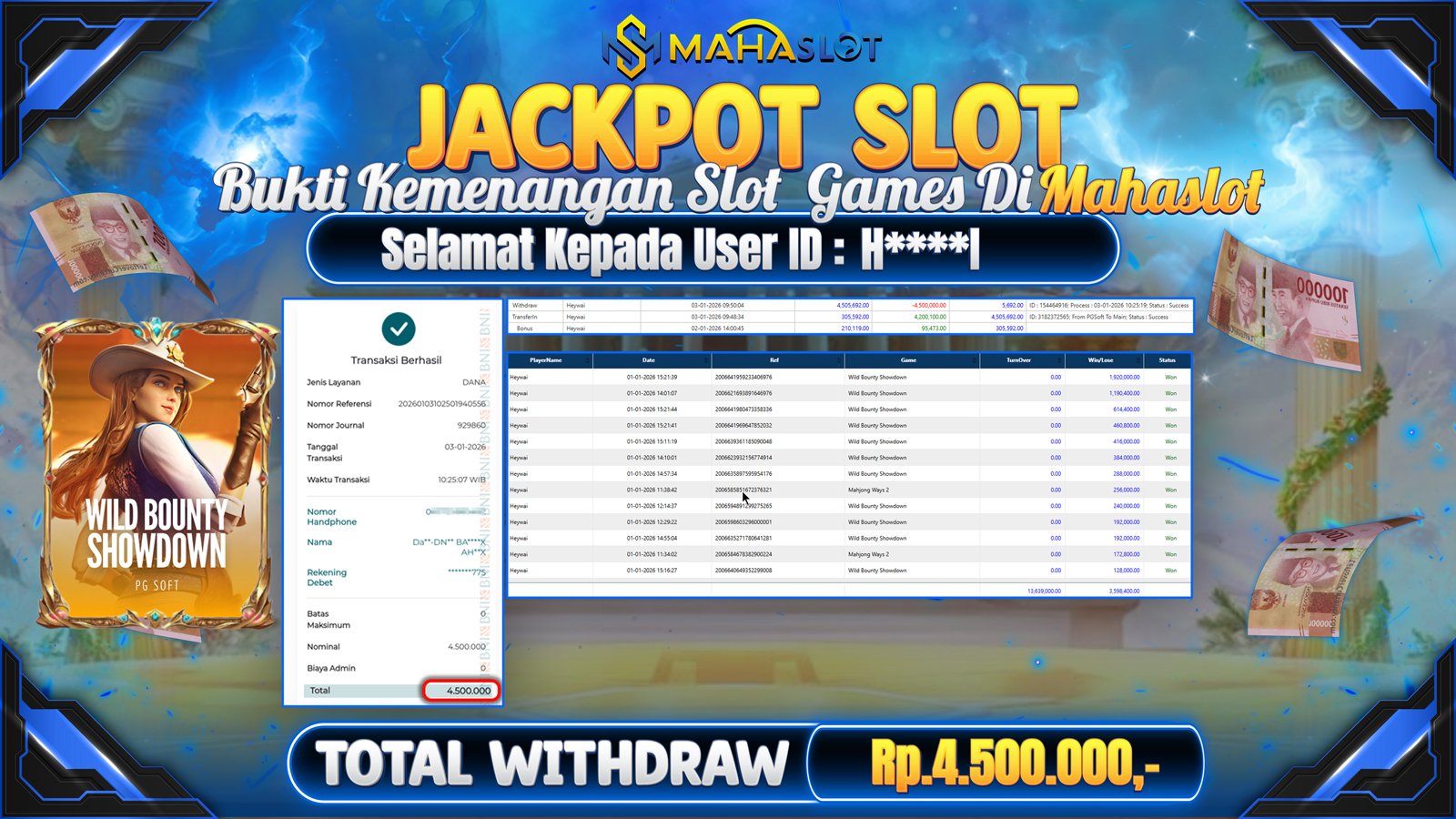 MAHASLOT JACKPOT SLOT GAME WILD BOUNTY SHOWDOWN Rp. 4.500.000,- LUNAS