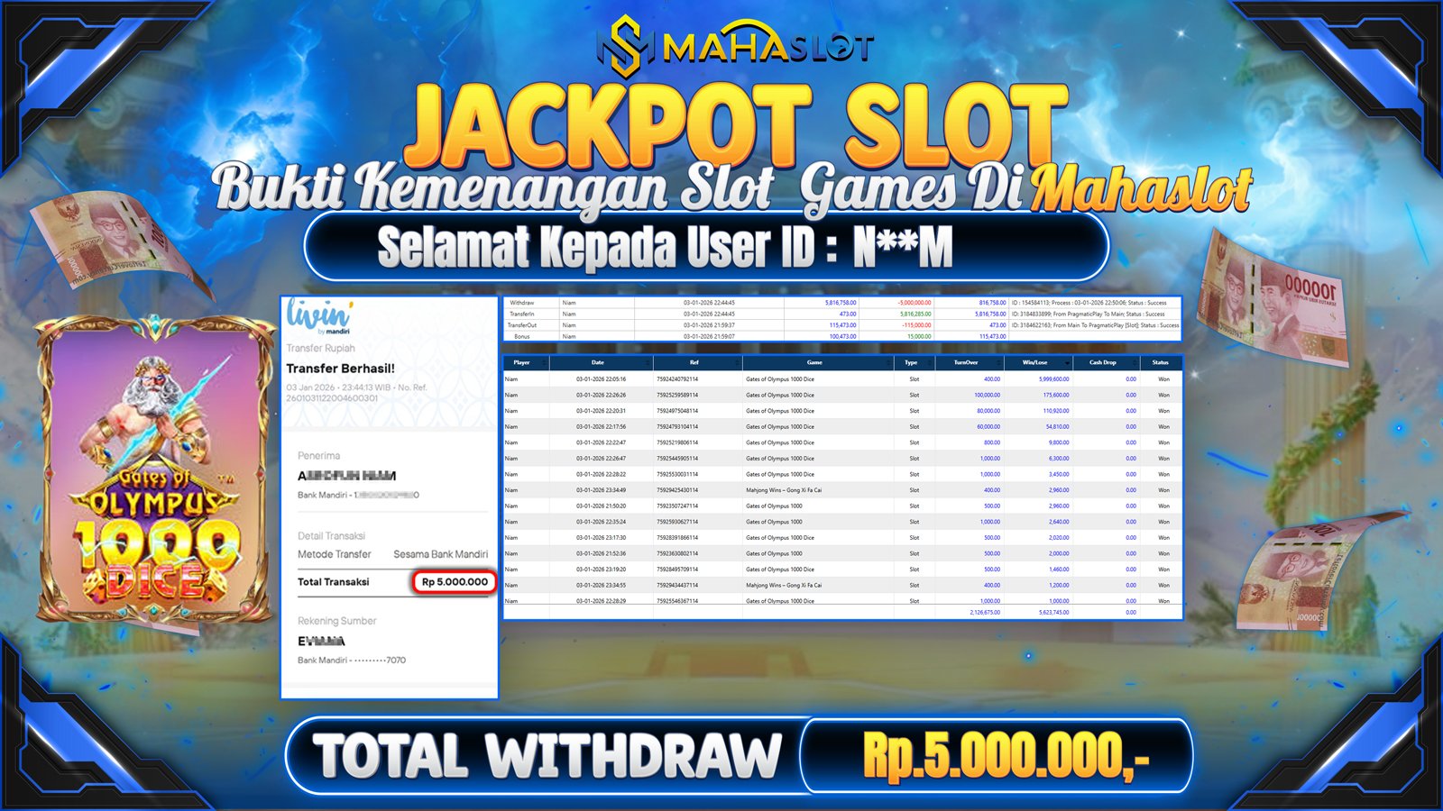 MAHASLOT JACKPOT SLOT GAME GATES OF OLYMPUS 1000 DICE Rp. 5.000.000,- LUNAS