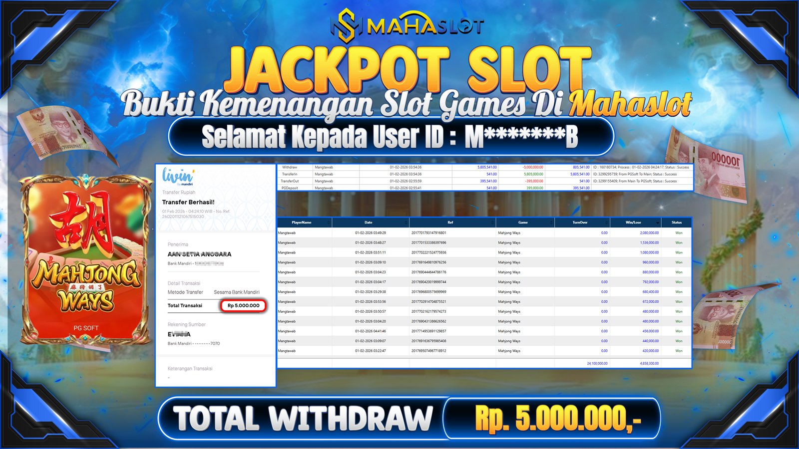 MAHASLOT JACKPOT SLOT GAME MAHJONG WAYS Rp. 5.000.000,- LUNAS