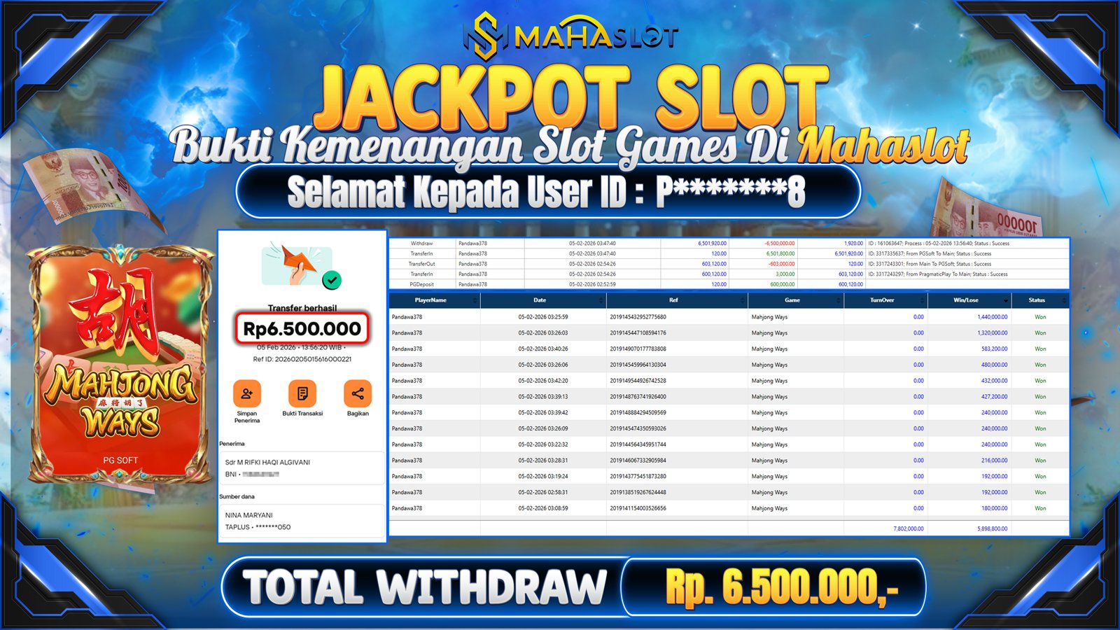 MAHASLOT JACKPOT SLOT GAME MAHJONG WAYS Rp.6.500.000,- LUNAS