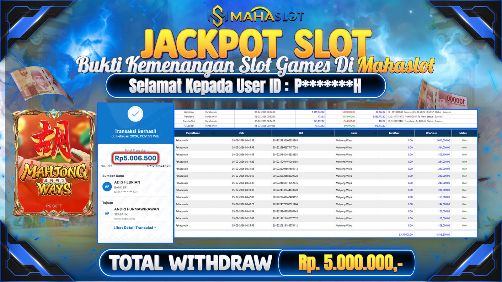 MAHASLOT JACKPOT SLOT GAME MAHJONG WAYS Rp. 5.000.000,- LUNAS