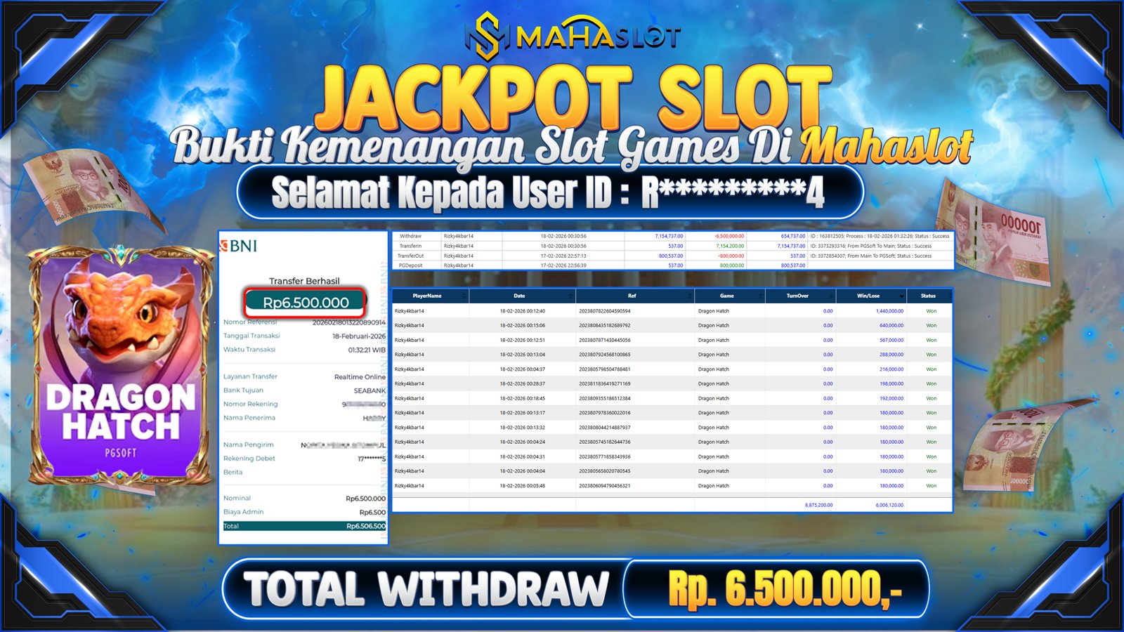 MAHASLOT JACKPOT SLOT GAME DRAGON HATCH Rp. 6.500.000,- LUNAS
