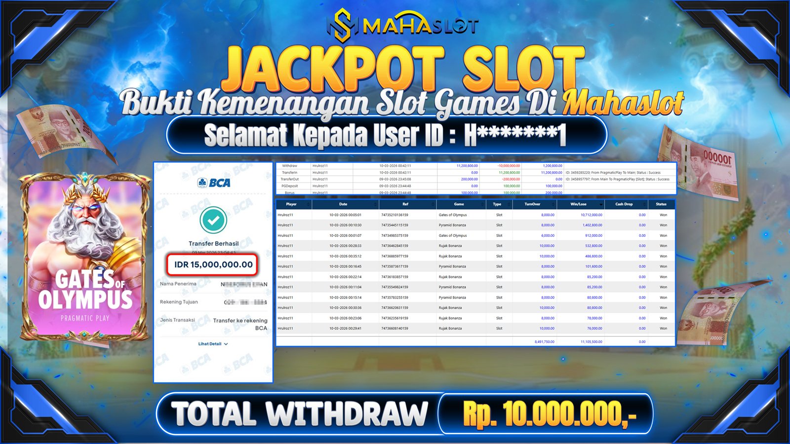 MAHASLOT JACKPOT SLOT GAME GATES OF OLYMPUS Rp. Rp.10.000.000,- LUNAS
