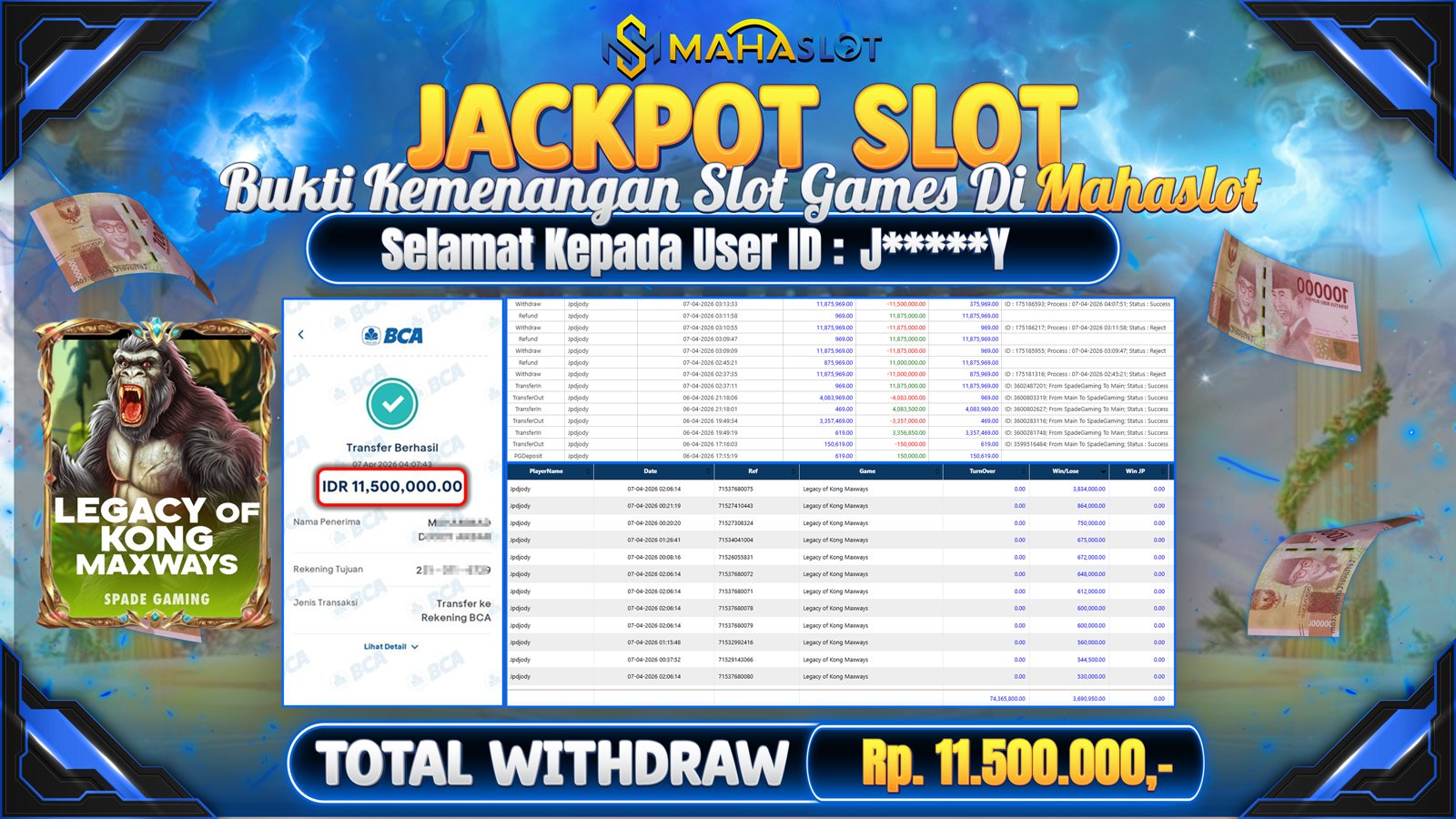 MAHASLOT JACKPOT SLOT GAME LEGECY OF KONG MAXWAYS Rp. Rp.11.500.000,- LUNAS